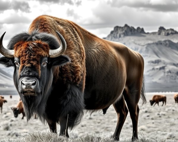 Bison in a Vast Landscape with Rocky Mountains