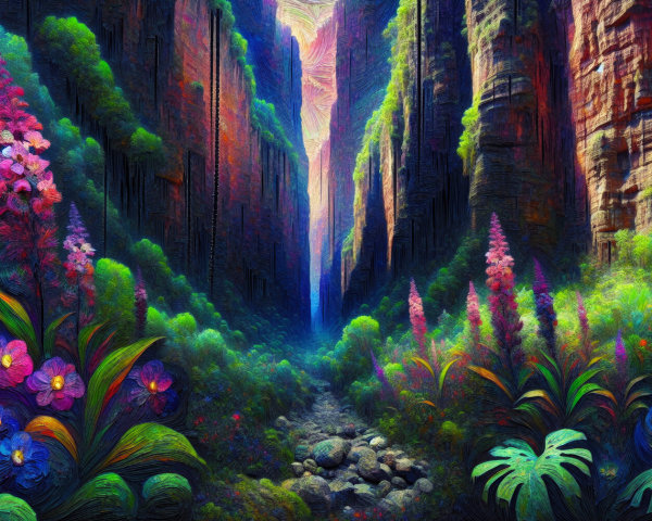 Surreal Canyon Landscape with Lush Greenery and Flowers