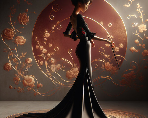 Elegant Black Gown with Floral Designs and Backdrop