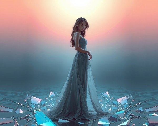 Serene Figure in Ethereal Light Among Glass Shards