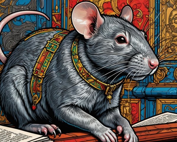 Regal rat with ornate collar on decorated surface