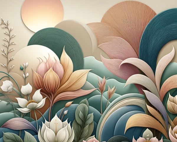 Stylized Floral Landscape with Pastel Colors and Hills