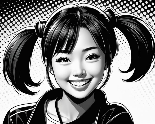 Cheerful Young Girl in Monochromatic Comic Style