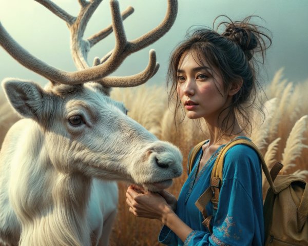 Young Woman with White Reindeer in Misty Field