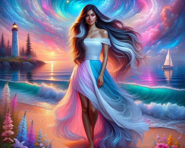 Serene Beach Scene with Vibrant Colors and Lighthouse