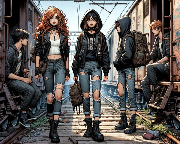 Edgy Teens on Railway Track with Graffiti Train Cars