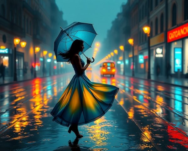 Silhouette of a Woman Twirling with Umbrella at Night