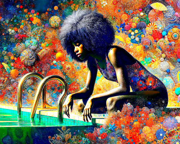Woman with Afro by Vibrant Abstract Pool Scene