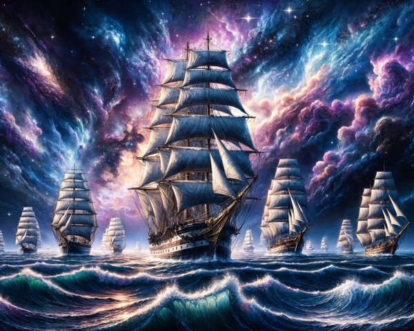 Tall ships sailing in a vibrant cosmic ocean scene