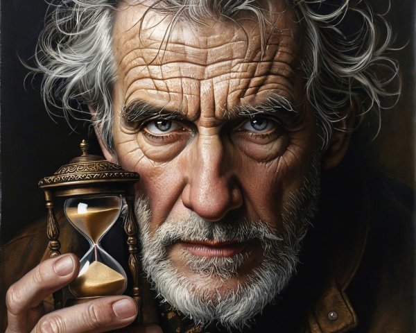 Elderly Man with Hourglass in Soft Lighting