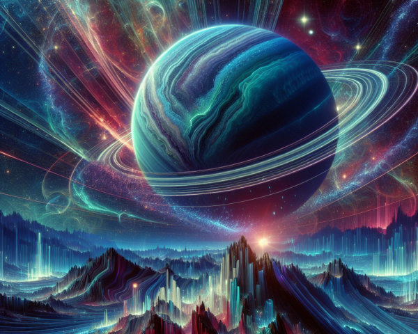 Majestic Planet with Colorful Mountains and Rings