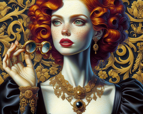 Elegant Woman in Black Dress with Red Hair and Jewelry