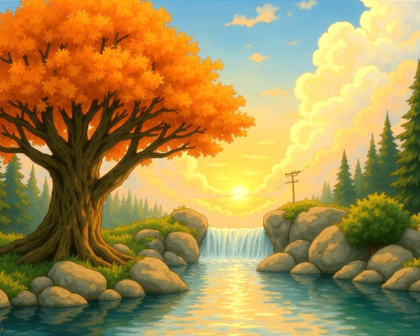 Serene Landscape with Majestic Tree and Waterfall