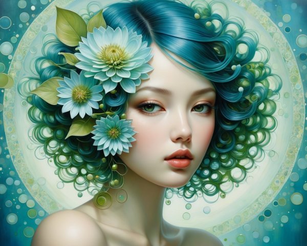 Portrait of a Young Woman with Teal Curly Hair