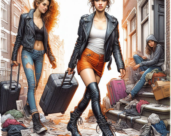 Stylish Women with Suitcases in Urban Setting