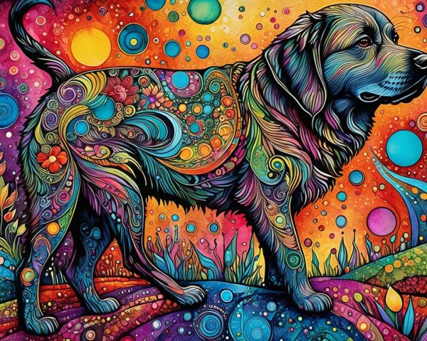 Vibrant Psychedelic Dog Illustration with Floral Patterns
