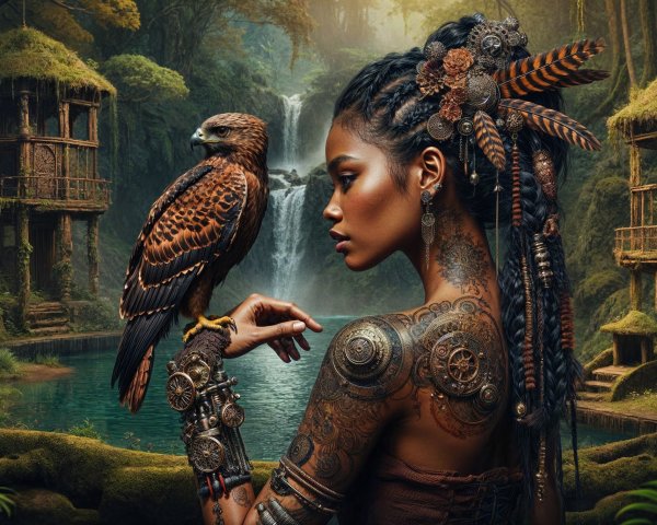 Woman with Tattoos and Hawk in Serene Forest Setting