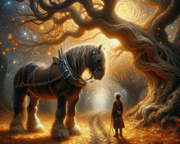 Whimsical Oil Painting of Hobbit Figure and Shire Horse