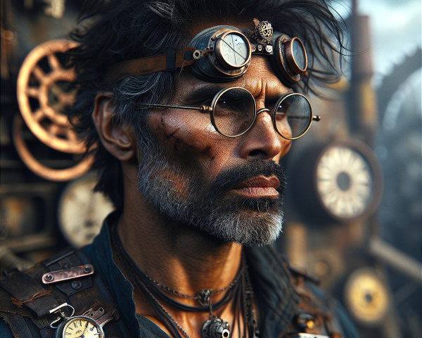 Middle-aged man in steampunk attire with clockwork backdrop