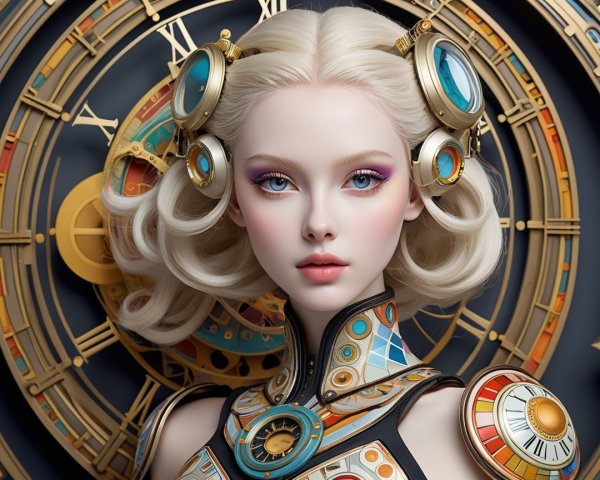 Platinum Blonde Figure Against Clock-Themed Backdrop