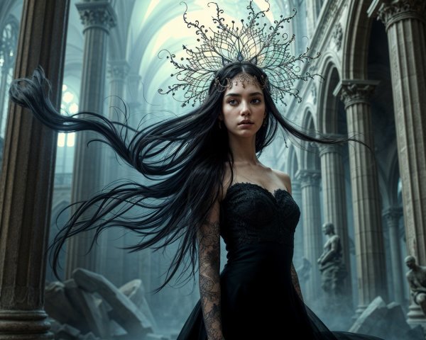 Gothic Setting with Elegant Woman in Black Dress