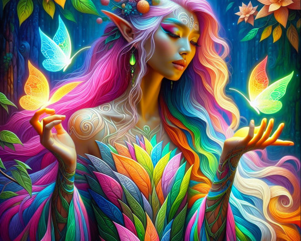 Mystical figure in enchanted forest with vibrant hair