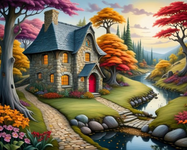 Charming stone cottage by a serene river in autumn