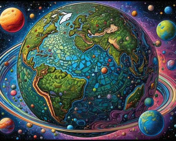 Vibrant Mosaic Earth Surrounded by Colorful Celestial Bodies
