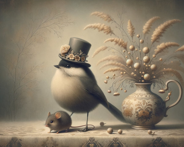 Vintage Digital Painting of Bird and Mouse Interaction