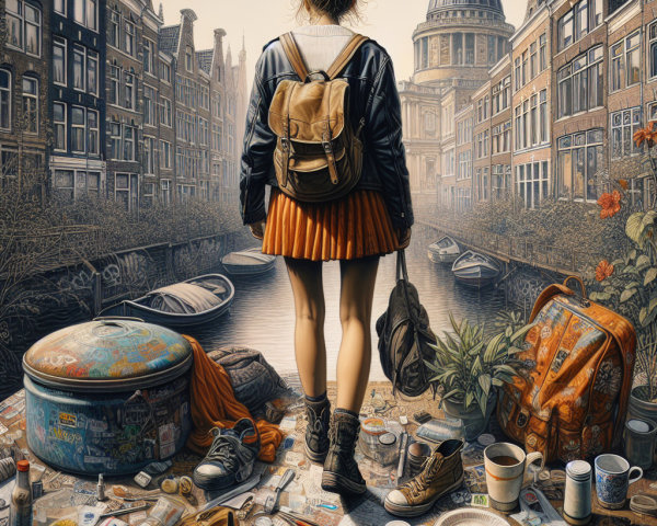 Young woman by serene canal with urban chaos