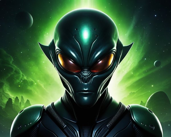 Futuristic Alien Figure in Starry Green Space