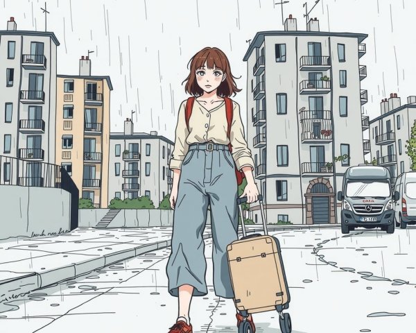 Young Woman with Suitcase in Rainy City Street
