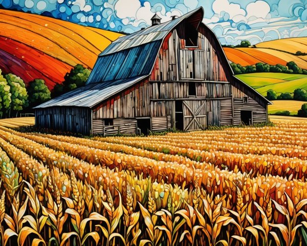 Rustic Barn Surrounded by Wheat and Autumn Foliage
