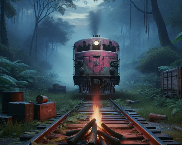 Vintage Pink Train Surrounded by Misty Forest