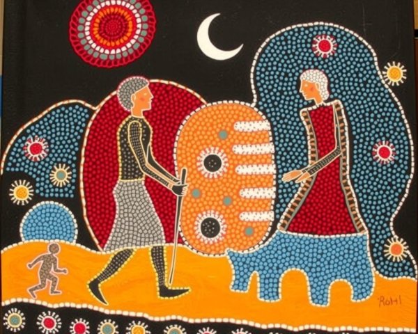 Vibrant Aboriginal-Inspired Scene with Figures and Patterns