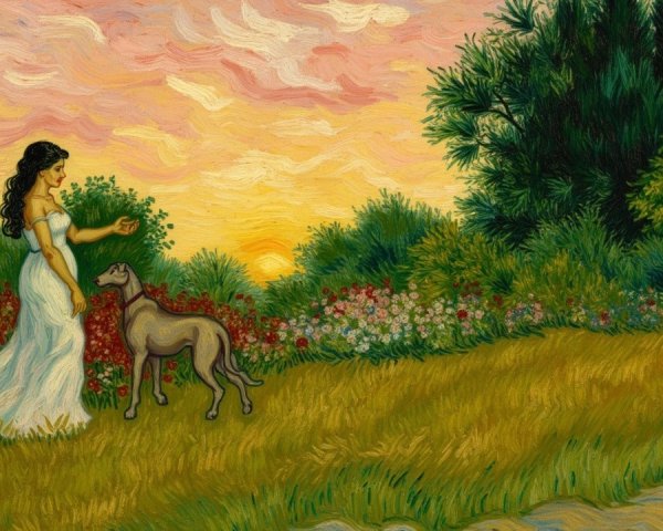 Sunset Scene with Woman in White Gown and Greyhound