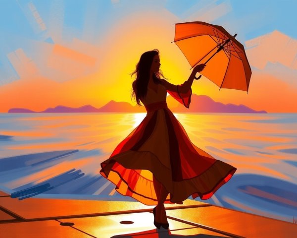 Silhouette of a woman with an umbrella at sunset