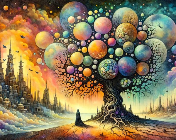 Surreal Landscape with Colorful Tree and City Background