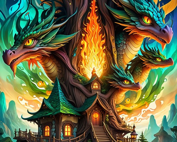 Vibrant Fantasy Scene with Dragon Heads and Cottage