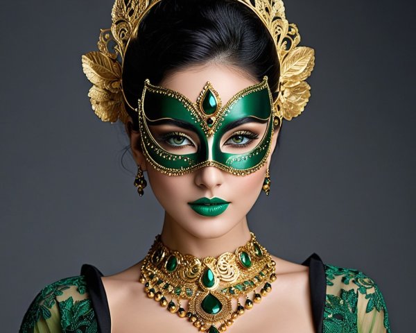 Elegant Green Attire with Intricate Patterns and Gold
