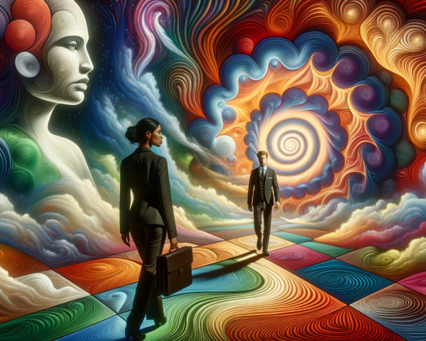Surreal Landscape with Figures in Business Attire