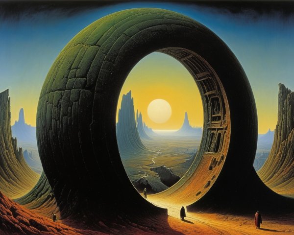 Surreal Landscape with Giant Hollow Stone Ring at Sunset