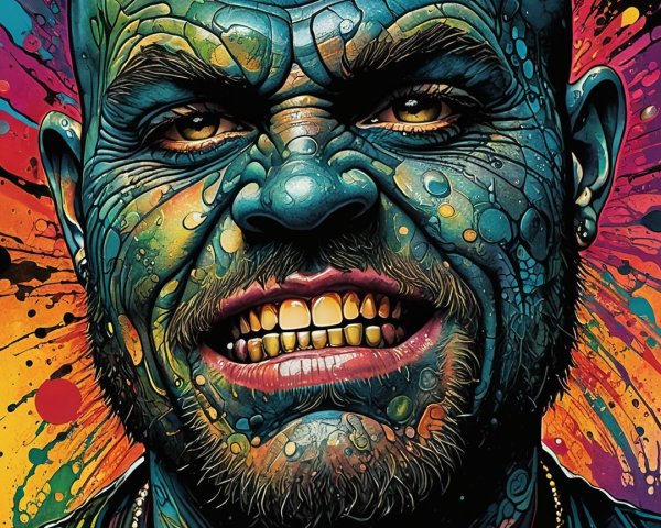 Vibrant Portrait of a Man with Blue Skin and Patterns