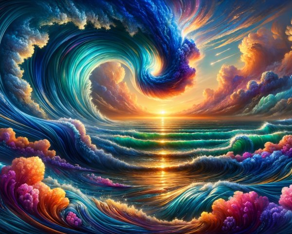 Vibrant Ocean Scene with Sunset and Colorful Waves