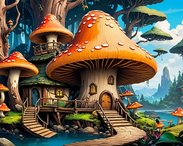 Whimsical Landscape with Mushroom Houses and Lake