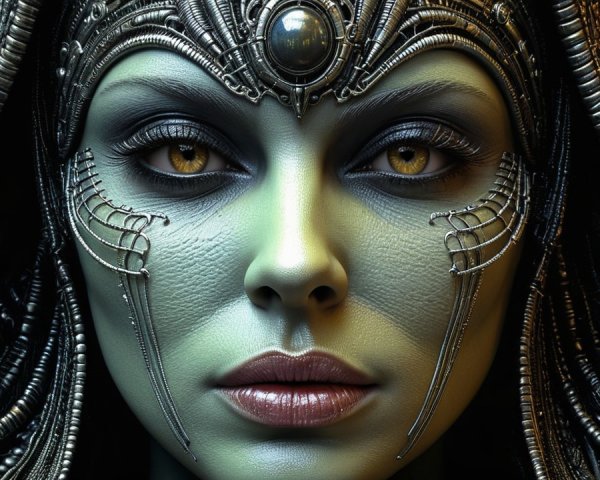 Futuristic figure with metallic headdress and green skin