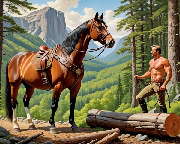 Muscular Man with Horse in Serene Forest Landscape