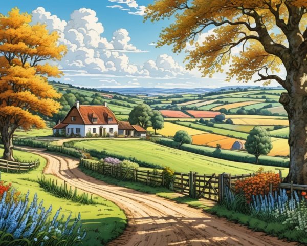 Charming Countryside Landscape with White House and Trees