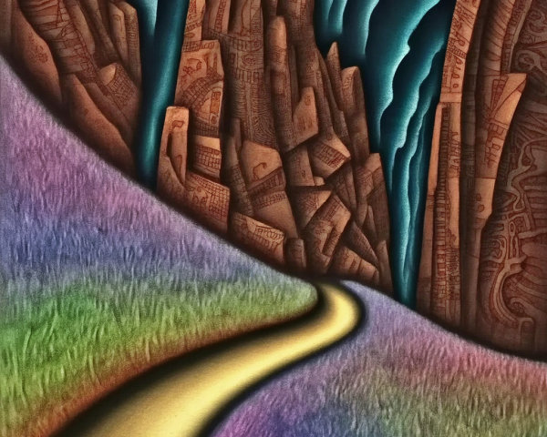 Vibrant Landscape with Swirling Road and Rock Formations