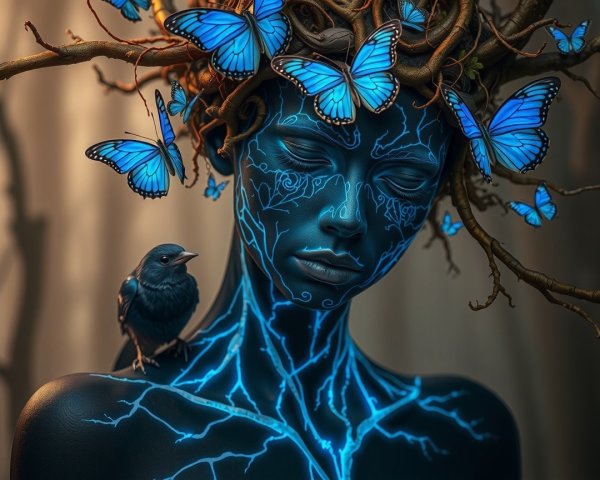 Dark-skinned figure with crown and glowing patterns
